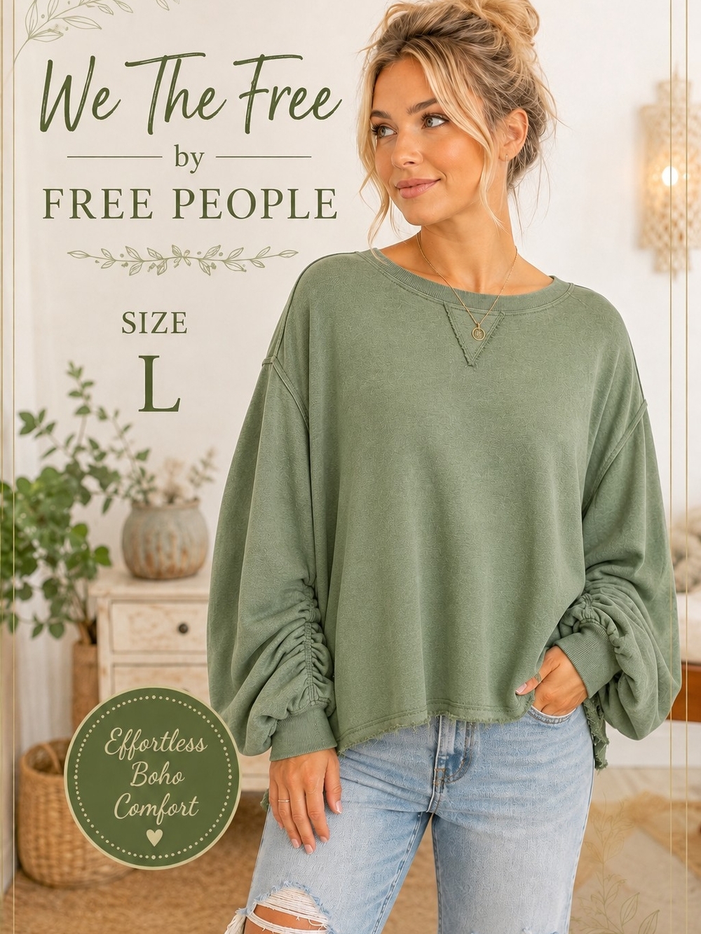 We The Free Free People Green Oversized Raw Hem Ruched Sleeve Sweatshirt L